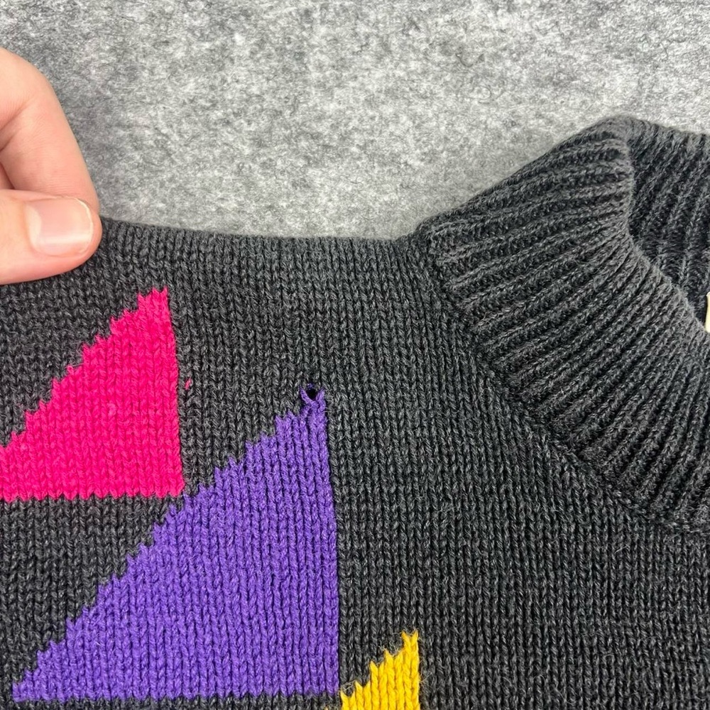 Black Geometric Pattern Crewneck Sweater with Pink Triangle - Picture 4 of 7